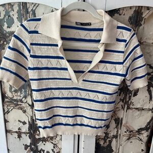 Zara, Cropped Open Knit, Striped, Cropped Polo, Size S